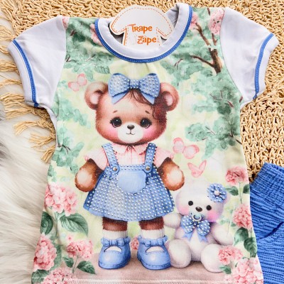 Conj. Blusa Ursinhas Fofas e Short - Azul